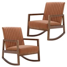 pair of mid century modern rocking chairs in brown velvet upholstered with wooden slats