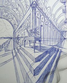 a drawing of a grand piano in a train station