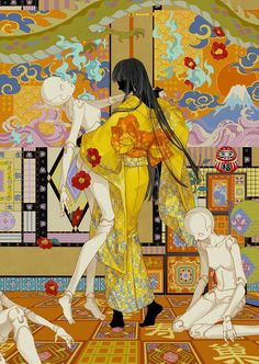 a woman in a yellow kimono standing next to two white mannequins