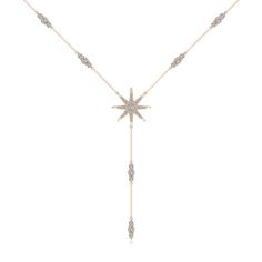 This lariat style necklace in 14k rose gold captivates with its exceptional allure. A dazzling diamond-studded eight-point star in the center is the highlight of this design. The trio station diamonds elevate the sparkling beauty of this starburst necklace. Lariat Style Necklace, Starburst Necklace, Diamond Pendants, Style Necklace, Diamond Studs, 18k Rose Gold, Diamond Pendant, Lab Grown Diamonds, Unique Style