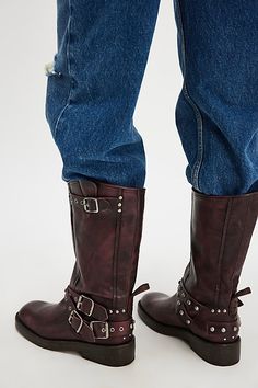 Bring out your inner rebel with these rough-and-tough, buckled-adorned boots from We The Free, expertly crafted to age with you as you wear them for years to come. **Features:** Mid-calf length, pull-on style, vegetable-tanned leather uppers, round toe, grommet buckle accents at topline and vamp, slight heel, studded details **Why We | We The Free Janey Engineer Boots at Free People in Red, Size: US 9 Engineer Boots, Vegetable Tanned Leather, Boho Clothing, Boot Shop, Boho Outfits, Mid Calf, Fresco, Leather Upper, Free People