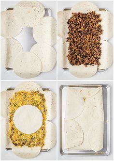 four pictures showing how to make tortillas with ground beef and cheese on top