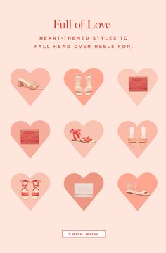 an ad for shoes with hearts in the background and text that reads full of love