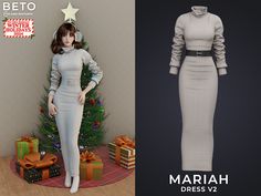 a woman in a dress next to a christmas tree