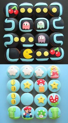 some cupcakes with different designs on them and one has an image of mario