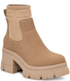 UGG Brooklyn Chelsea Nubuck Suede Block Heel Platform Booties | Dillard's Ugh Chelsea Boot, Cute Boots For Fall, Ugg Chelsea Boots Outfit, 2024 Fall Shoes, Womens Fall Shoes, Amsterdam December, Ugg Chelsea Boots, Chloe 2024, Shoes Uggs