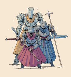 two knights in armor holding swords and wearing helmets on their heads, standing next to each other