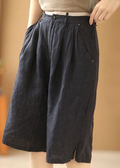 Vintage Navy Elastic Waist Pockets Linen Straight Pants Shorts SummerFabric: LinenSize & Fit: This garment fits true to size.Length: Size S measures 23.79"from waist to hem.Waist:Fitted - elastic waist allows stretch Hip: Loosely Fitted. room for hips. Hand Wash Cold. Casual Non-stretch Knee-length Shorts, Casual Pants With Built-in Shorts For Fall, Spring Short Pants With Hip Pockets, Straight Leg Shorts With Pockets, Non-stretch Cotton Shorts, Casual Knee-length Culottes For Spring, Spring Knee-length Pants With Elastic Waistband, Casual Short-length Capris With Pockets, Solid Color Straight Leg Shorts With Pockets