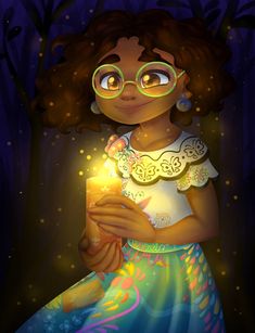 a painting of a girl with glasses holding a lit candle in her hand and looking at the camera