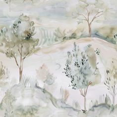 Dessa Wallpaper - Painted Paper Watercolor Landscapes, Soft Watercolor, Pattern Repeat, Cozy Cottage, Painted Paper, Room Colors, Watercolor Landscape, Mural Wallpaper, Shades Of Green