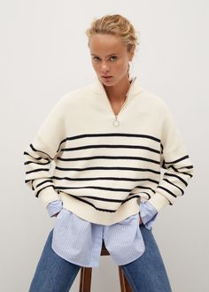 Mango Outlet, Striped Jersey, Pattern Sweater, Striped Sweater, Mode Outfits, Striped Knit, Outfits Casuales, Outfit Details, Stripe Sweater