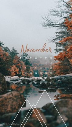 the november calendar is next to some rocks and trees