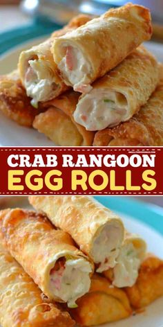 crab rangoon egg rolls on a plate with the words crab rangoon egg rolls