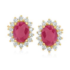 Ross-Simons - 2.00ct t.w. Ruby, .36ct t.w. Diamond Earrings in 14kt Yellow Gold. Perfect for red enthusiasts or the July-born, these 2.00 ct. t.w. oval ruby earrings are bursting with cherry-red goodness from a lively halo of .36 ct. t.w. round brilliant-cut diamonds. Set in polished 14kt yellow gold. Post/clutch, diamond and ruby earrings. Ruby birthstones are the perfect gift for July birthdays.