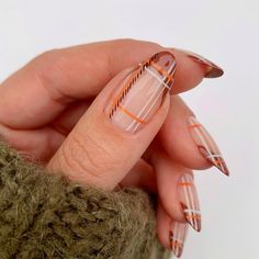 Fall Plaid Nails 2024: 23 Ideas for Cute and Trendy Designs Fall Plaid Nails Almond, Fall Plaid Nail Art, Thanksgiving Nails Plaid, Nail Art Autumn 2024, Plaid Thanksgiving Nails, Plaid Almond Nails, Fall Patchwork Nails, Trendy Fall Nail Designs 2024, Nail Inspo Fall 2024