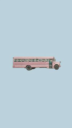 a pink school bus is flying through the air on a pale blue background with no clouds