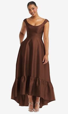 Brown Classy Dress, Brown Wedding Guest Dress, Cap Sleeves Pattern, Classy Dinner Outfits, High School Dresses, Brown Satin Dress, Brown Gown, Wedding Day Essentials, Black Tie Wedding Guest Dress