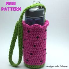 a crocheted water bottle holder is shown with a green strap and a black top