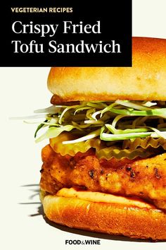 a large sandwich with meat and veggies on it is featured in the vegetarian recipes crispy fried tofu sandwich