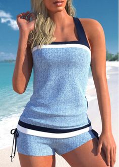 Color:Light Blue;Size:XXL;Bra Style:Padded;Support:Wire Free;Pad Style:Removable;Strap Style:Unadjustable;Package Contents:1 X Top , 1 X Shorts;Occasion:Sport; Blue Tankini, Tankini With Shorts, Bathing Suit Dress, Poolside Fashion, Printed Tankini, Bra Style, Diy Body, Tankini Set, Blouse Diy