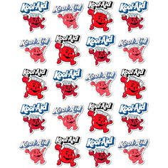 red and blue stickers with the words koki on them are arranged in rows