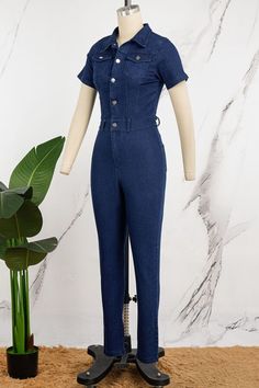 Casual Denim Blue Short Sleeve Overalls, Spring Denim Jumpsuit With Stretch And Pockets, Casual Stretch Denim Jumpsuit With Pockets, Casual Stretch Denim Jumpsuit, Stretch Denim Jumpsuit Casual Style, Stretch Denim Jumpsuit With Pockets For Spring, Dark Wash Short Sleeve Denim Jumpsuit For Fall, Spring Workwear Non-stretch Overalls, Denim Jumpsuits And Rompers With Short Sleeves For Fall