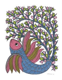 a drawing of a fish with pink and blue colors on it's body, in front of a tree