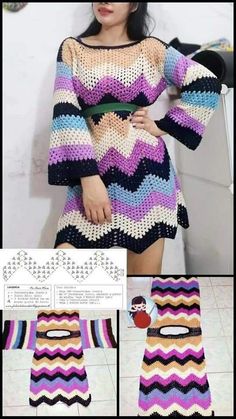 the woman is wearing a colorful knitted dress