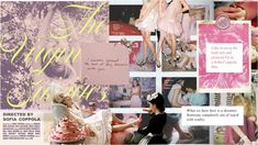 the collage shows images of women in pink and white dresses, with words on them