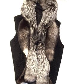 Luxury Black Sheepskin Fur Coat, Black Sheepskin Fur Coat With Faux Fur Lining, Luxury Black Fur Coat For Cold Weather, Tail Vest, Coyote Tail, Fox Tail, Motorcycle Vest, Fur Coats Women, Silver Fox