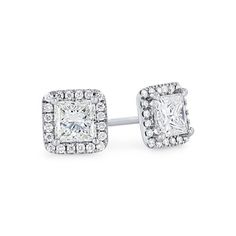 square diamond stud earrings with halos in white gold