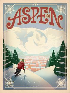 an advertisement for aspen ski resort in the snow with a skier going down it's slope