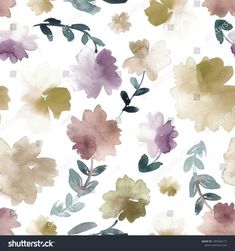 watercolor flowers on white background with green leaves and purple petals in the center,