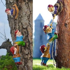 three different pictures of gnomes climbing up and down a tree, one in the grass