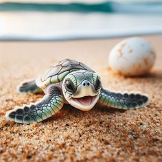 a baby turtle laying on the sand with an egg in front of it's back