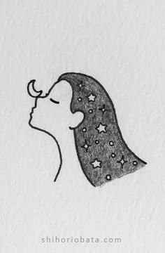 a drawing of a woman's profile with stars on her head and the moon above her