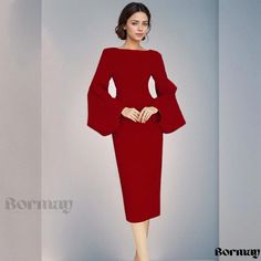 Bormay - Elegance Red Long Sleeve Formal Dress - Exceptional Womens Cocktail Attire Elegant Non-stretch Red Midi Dress, Red Non-stretch Dress For Fall, Red Non-stretch Winter Dress, Red Non-stretch Evening Dress, Womens Cocktail Attire, Long Sleeve Formal Dress, Sleeve Formal Dress, Formal Dresses With Sleeves, Long Sleeve Dress Formal