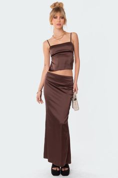 EDIKTED Ruched Satin Maxi Skirt | Nordstrom Skirt Suits Women, Bandage Crop Top, Skirt Streetwear, Satin Maxi Skirt, Y2k Skirt, Skirt Suits, Backless Crop Top, Skirt And Top Set, Long Skirts