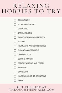 Try this relaxing hobbies list to wind down in your spare time and reduce stress. Includes mind relaxing hobbies, hobbies for introverts and craft hobbies! relaxing hobbies for women, hobbies for relaxing, list of hobbies to try, aesthetic hobbies, self care ideas List Of Hobbies To Try At Home, Relaxing Activities For Women, Indoor Hobbies Ideas, Hobbies To Try Aesthetic, Cool Hobbies For Women, List Of Hobbies To Try For Women, Hobbies For Introverts