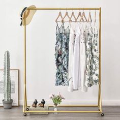 an ironing rack with clothes hanging on it and a potted cactus in the background