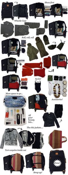 the contents of a travel bag laid out on top of each other in different positions