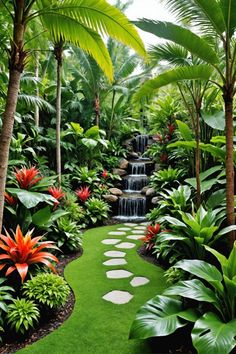 a garden with lots of green plants and water fall in the center, surrounded by palm trees