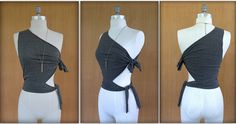 three different views of a woman's top on mannequins, one with a tie around the waist