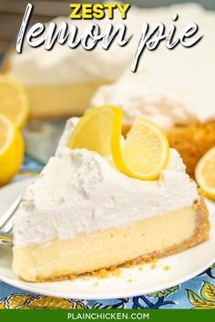 a slice of lemon pie on a plate with the words zesty lemon pie above it