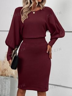 Sleeve Type:Bishop Sleeve \nStyle:Casual \nWaist Line:High Waist \nNeckline:Round Neck \nHem Shaped:Straight \nColor:Burgundy \nPattern Type:Plain \nSleeve Length:Long Sleeve \nLength:Short \nFit Type:Regular Fit \nFabric:Slight Stretch \nMaterial:Fabric \nComposition:50% Viscose \nComposition:29% Polyester \nComposition:21% Polyamide \nCare Instructions:Hand wash or professional dry clean \nTemperature:Late Fall (10-17℃/50-63℉) \nSheer:No \n Batwing Sleeve Sweater, Sweater Dress Women, Bishop Sleeve, Clothes Ideas, Batwing Sleeve, Sweater Sleeves, Bat Wings, Sleeve Sweater, Sleeve Type