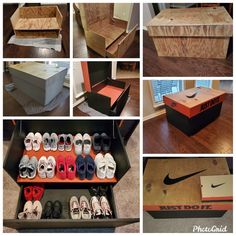 several pictures of different types of shoes and boxes