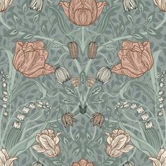 a floral pattern with flowers and leaves on a green background, suitable for wallpaper or fabric