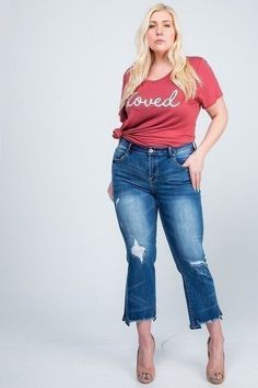 Plus Size Mid Rise Kick Flare Distressed Hem Jeans Cropped | Baylee & Brooke’s Boutique Hem Jeans, Jeans For Sale, Ankle Length, Flare Jeans, Vintage Inspired, Mid Rise, Spandex