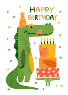 a birthday card with a dinosaur holding a cake