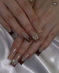 Nail Inspo Classy Square, Brown French Top Acrylic Nails, Brown Nails With Rhinestones, Brown Chrome French Tip Nails, Nail Ideas Charms, Brown Nails With Gems, French Tips Gel Nails, Nails Bronze, French Tips Gel